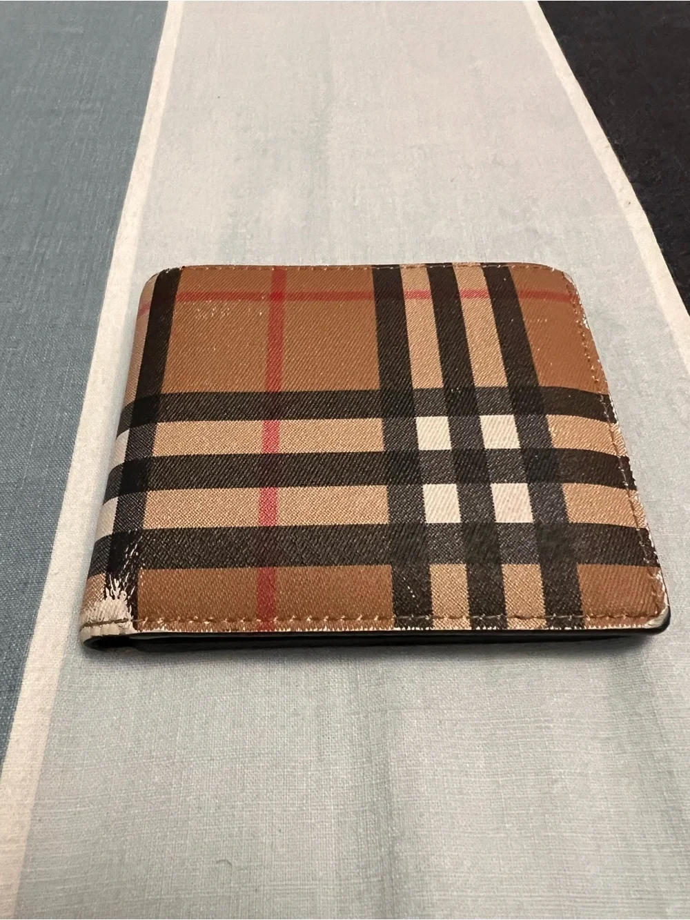 Burberry Check Compact Bi-Fold Wallet in Tan, Black and Red